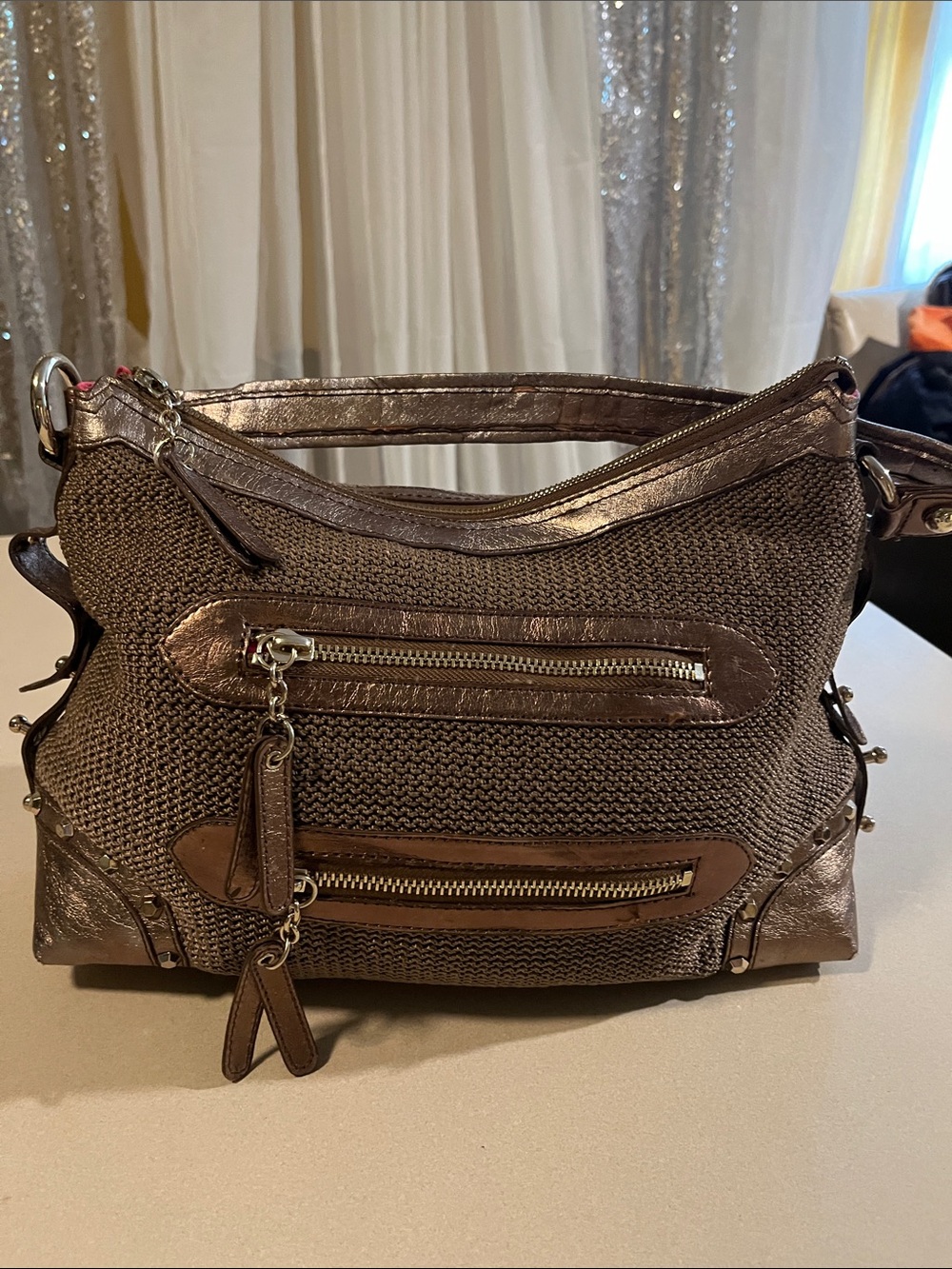 The Sak Brown Woven Shoulder Bag with Metallic Trim
